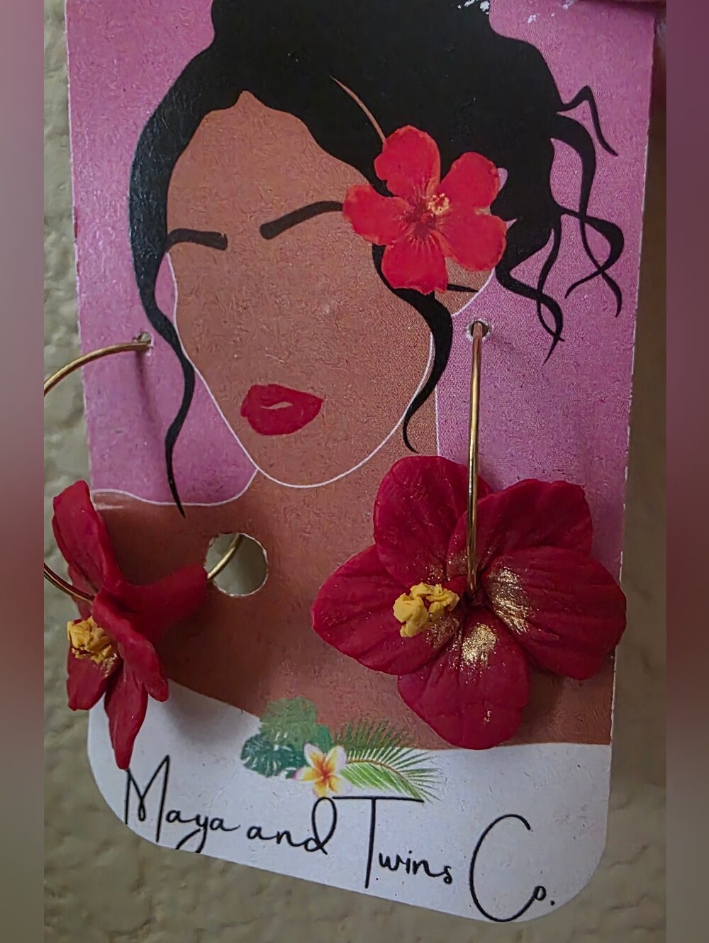Maya and Twins Co Red Hibiscus Flower Gold Hoop Earrings Handmade Hawaii